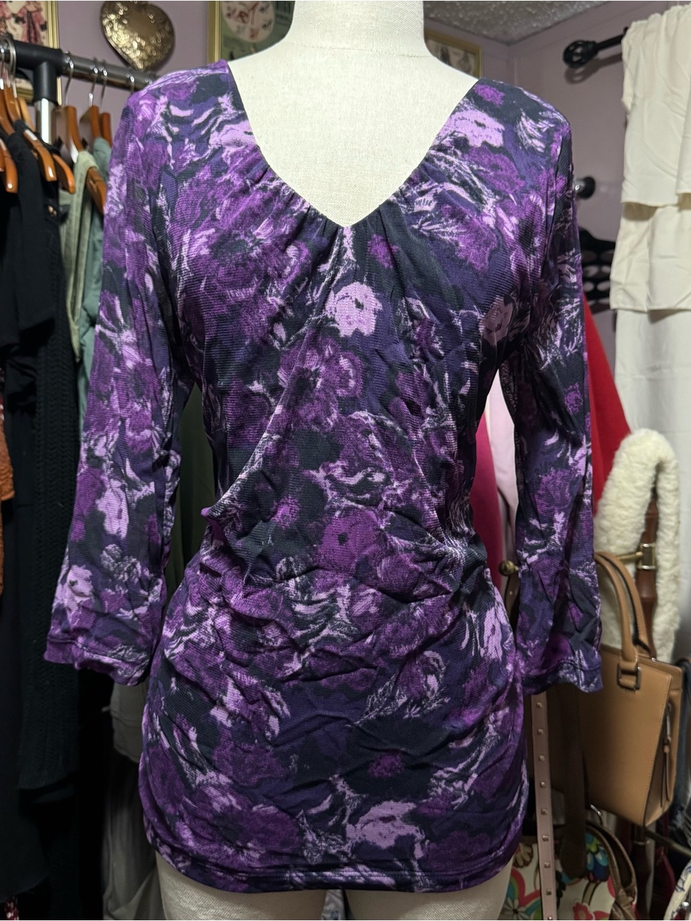 212 Collection Purple Floral V-Neck Long Sleeve Top